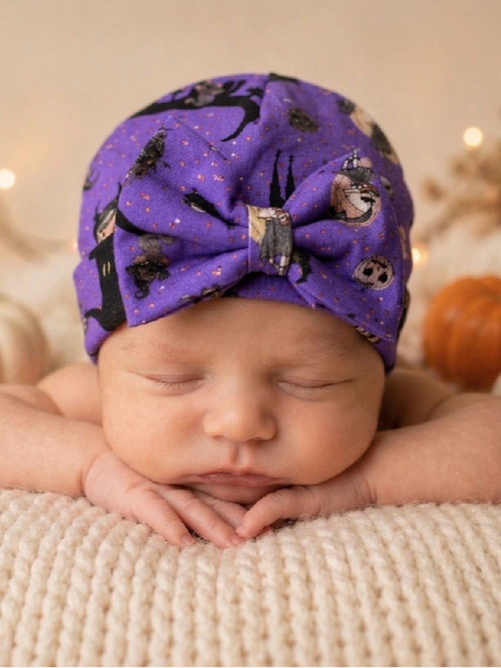 Halloween Baby Hat with Bow | Purple Spooky Print